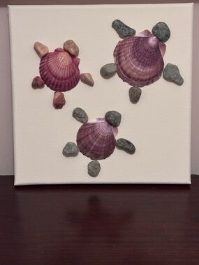 Artisan Purple Seashell Sea Turtle Trio Art on Canvas